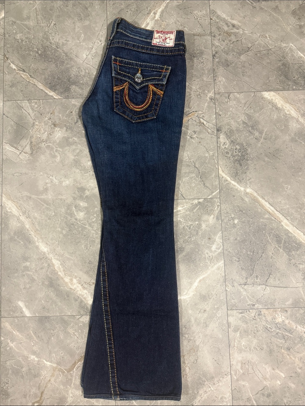True Religion RAINBOW JOEY Dark Blue Flare Jeans with Signature Stitching